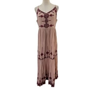 Idyllwind Dress Blush Pink Embroidered Beaded Tired Maxi L Boho Festival Western